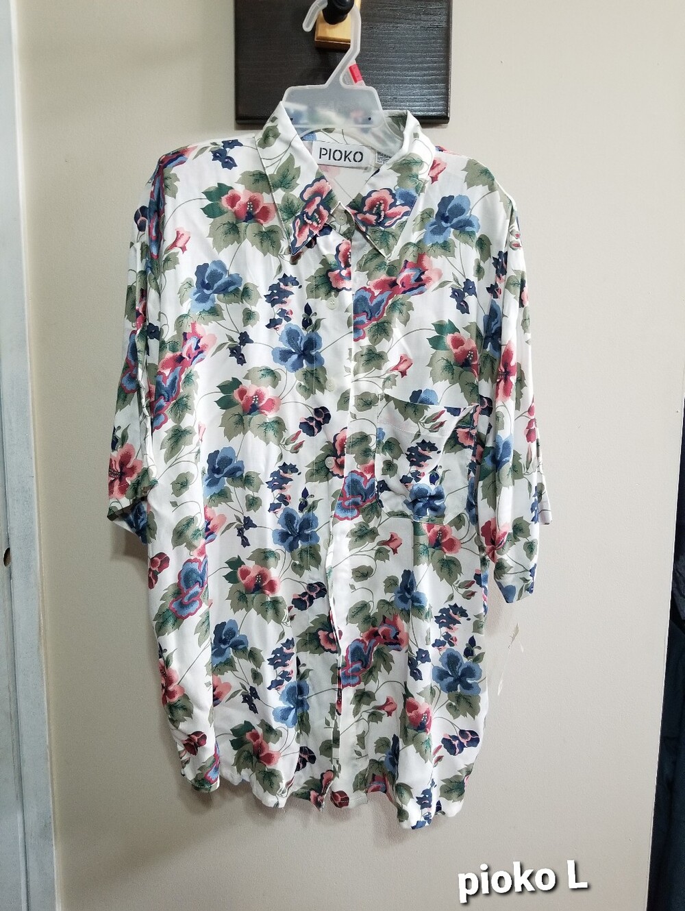 Pioko Shirt Floral Button-Up - Blue Pink Large Nwtag